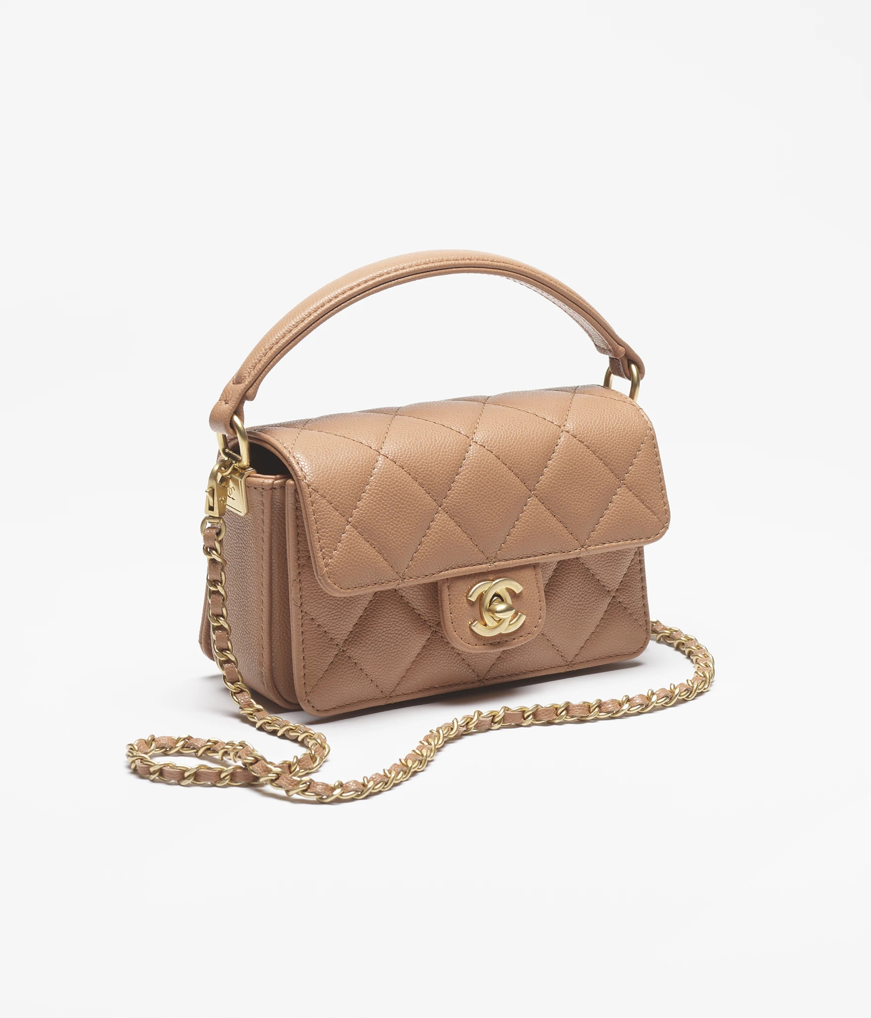 Mini flap bag with top handle, Grained shiny calfskin & gold-tone metal, camel — Fashion | CHAN... | Chanel, Inc. (US)