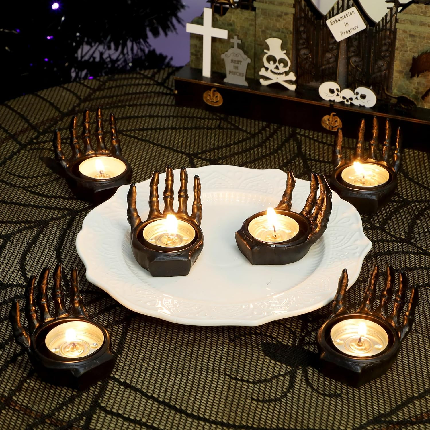 FORUP 6 Pack Skeleton Hand Tea Light Candle Holders, Halloween Candle Holder, Halloween Home Table Decoration, Black | Amazon (US)