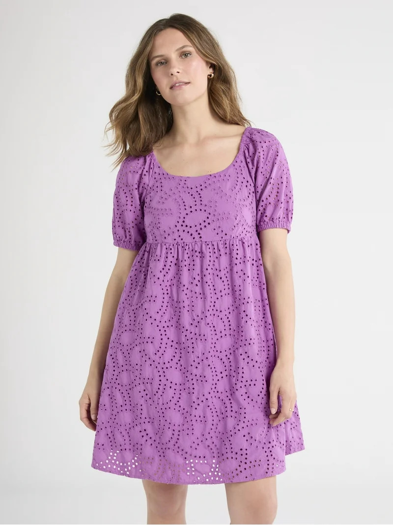 Time and Tru Women's Eyelet Dress with Puff Sleeves, Sizes XS-XXXL | Walmart (US)
