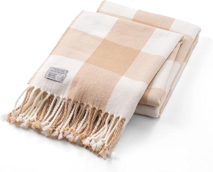 Classic Checkered Blanket - Faux Cashmere Plaid Throw with Fringe - Soft Woven, Lightweight, Farm... | Amazon (US)