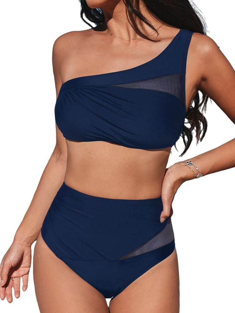 CUPSHE Women's Bikini Sets One Shoulder Two Piece Swimsuit High Waisted Asymmetrical Neck Ruched ... | Amazon (US)