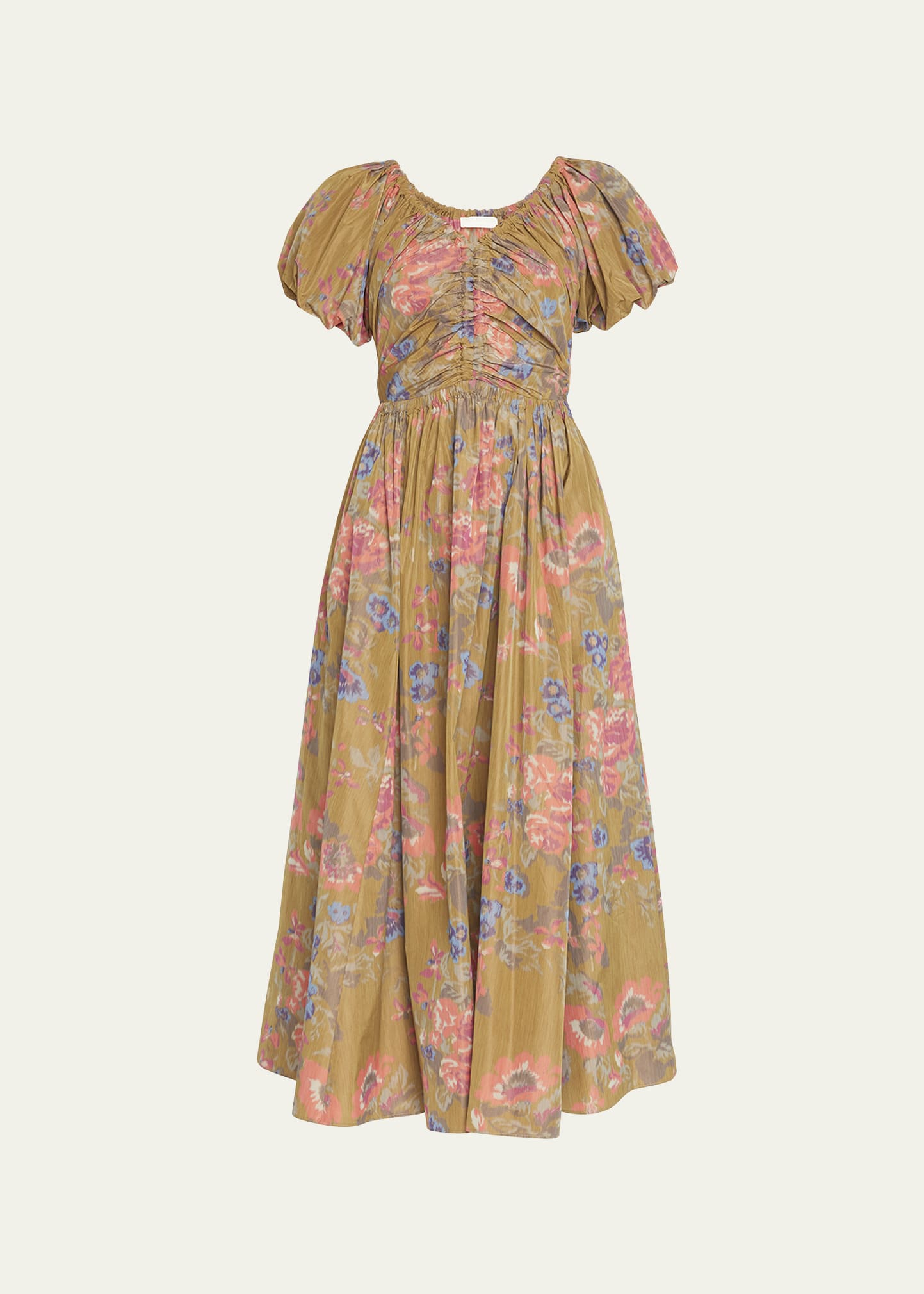 Ulla Johnson Cecile Gathered Puff-Sleeve Warped Taffeta Midi Dress | Bergdorf Goodman