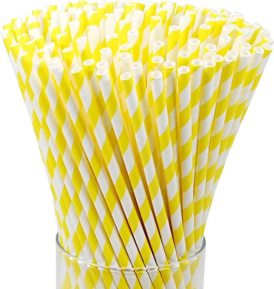 FAMASTON 150-pack Biodegradable Yellow Stripes Paper Straws - Disposable Drinking Yellow White St... | Amazon (US)