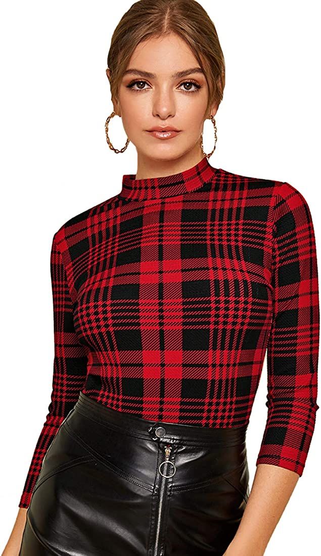 Romwe Women's Casual Mock Neck Plaid Slim Fit Workwear Blouse Top | Amazon (US)