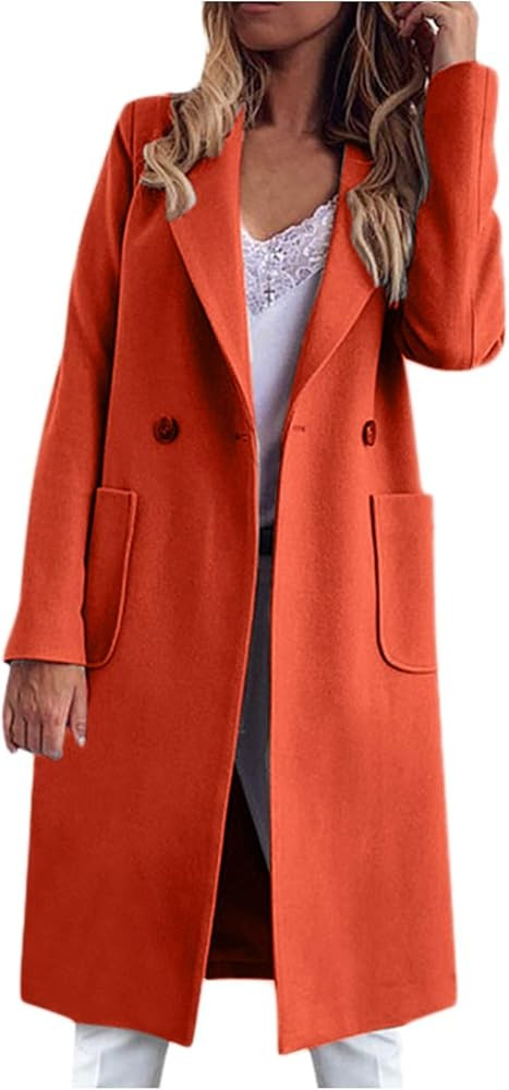 Petite Winter Trench Coats for Women Long Length Overcoat Flannel Jacket Loose Fit Buttons Peacoat T | Amazon (US)