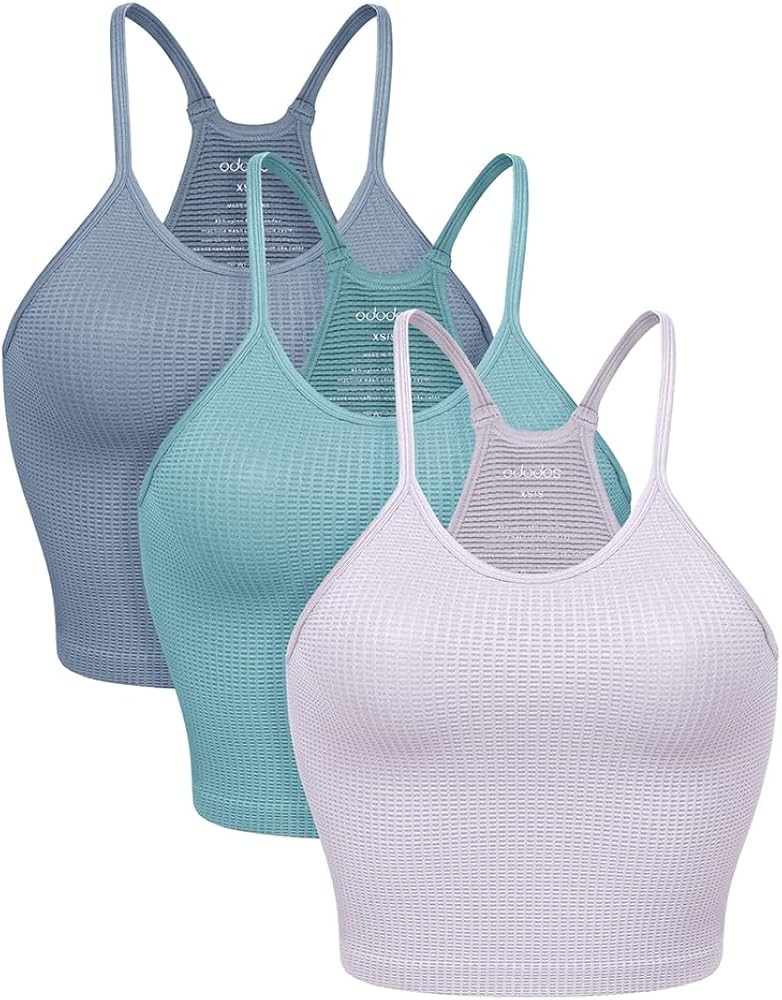 ODODOS Women's Crop 3-Pack Waffle/Herringbone Knit Seamless Camisole Cropped Tank Tops | Amazon (US)