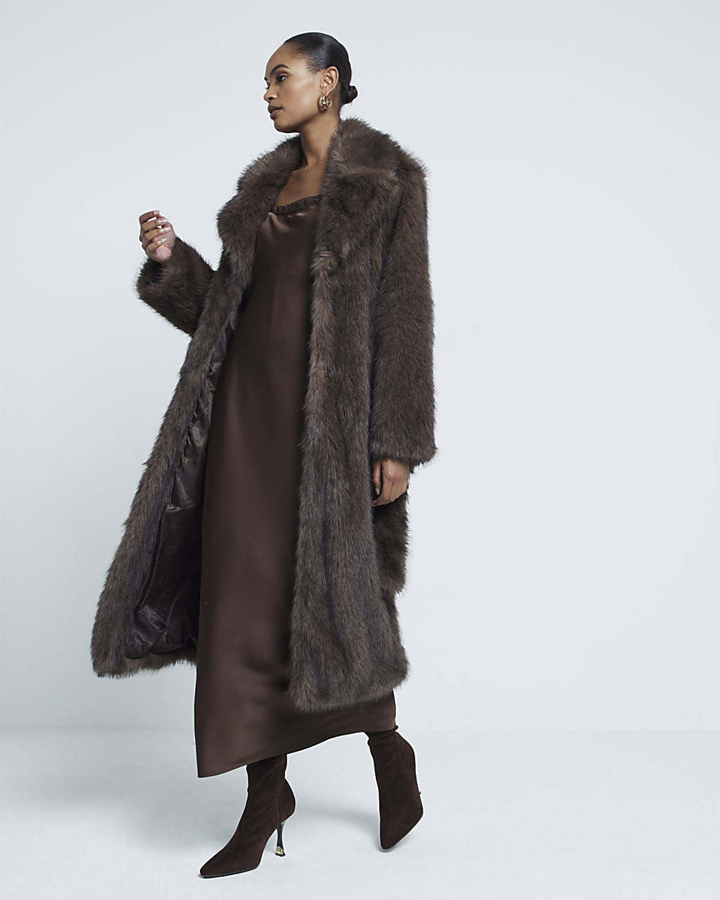 River Island Womens Brown Belted Longline Faux Fur Coat | River Island (UK & IE)