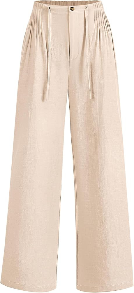LOMON Womens Linen Pants Summer Wide Leg Cotton Pants Drawstring Elastic Waist Casual Loose Slack... | Amazon (US)