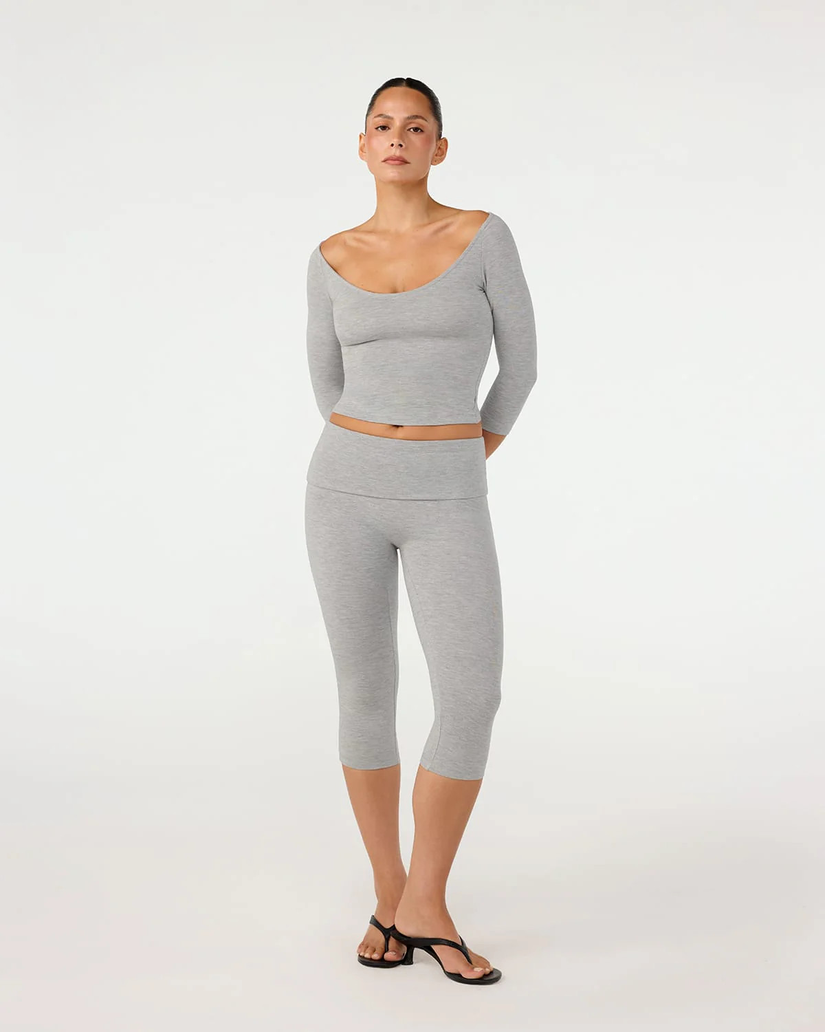 Foldover Jersey Capri Leggings | Grey Marle | Crop Shop Boutique US