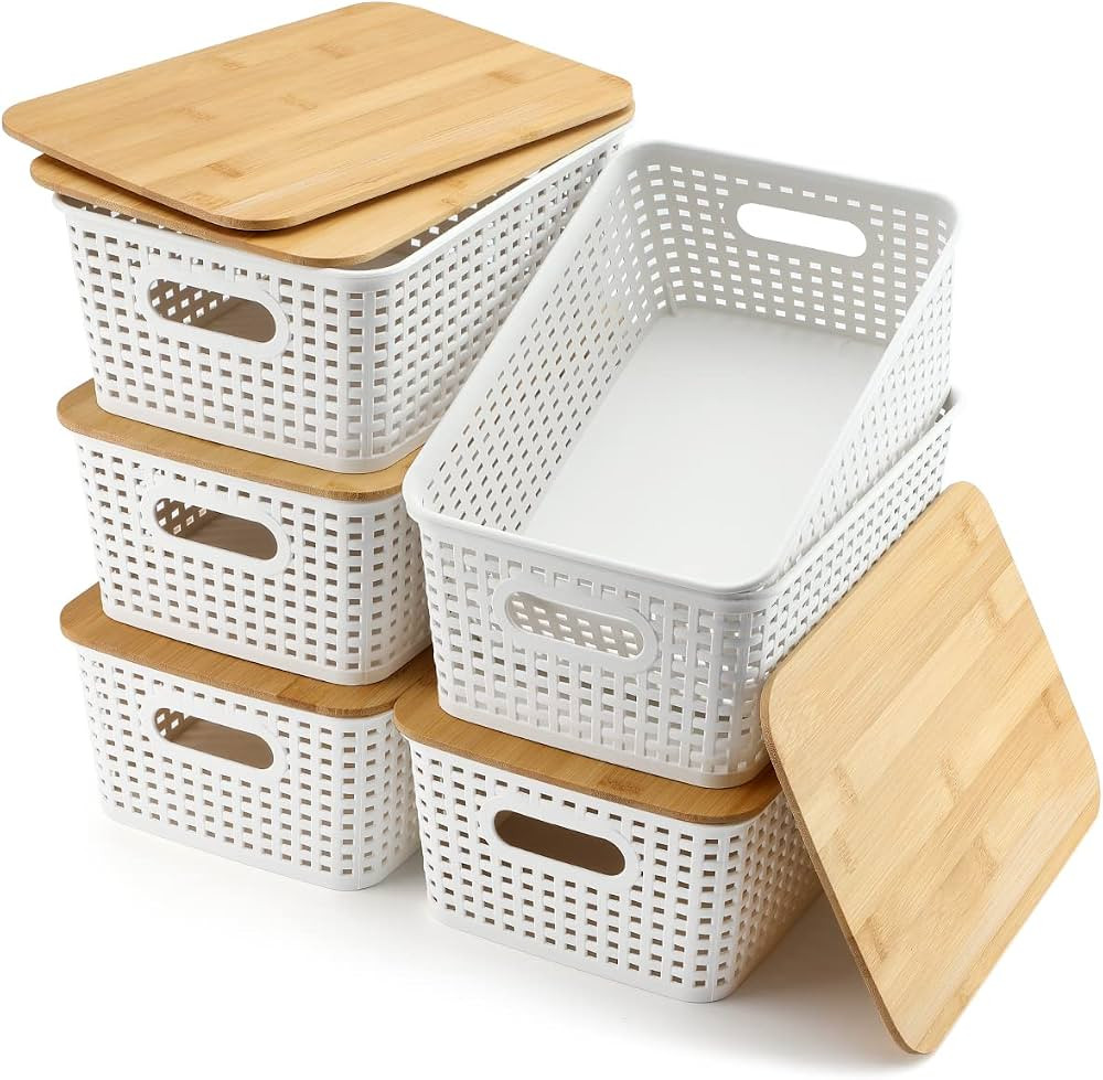 EOENVIVS Set of 6 Storage Baskets With Bamboo Lids, Plastic Storage Bins for Pantry Organization ... | Amazon (US)