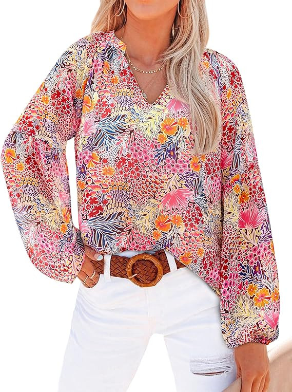 BTFBM Women Casual Boho Blouse Dressy Floral Puff Long Sleeve Shirts V Neck Lightweight Chiffon S... | Amazon (US)