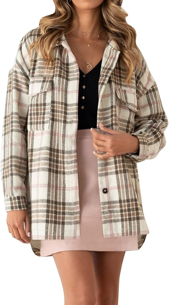 MUXERI Women's Casual Long Sleeve Plaid Button Down Oversized Shirt Shacket Jacket Coat Outerwear... | Amazon (US)