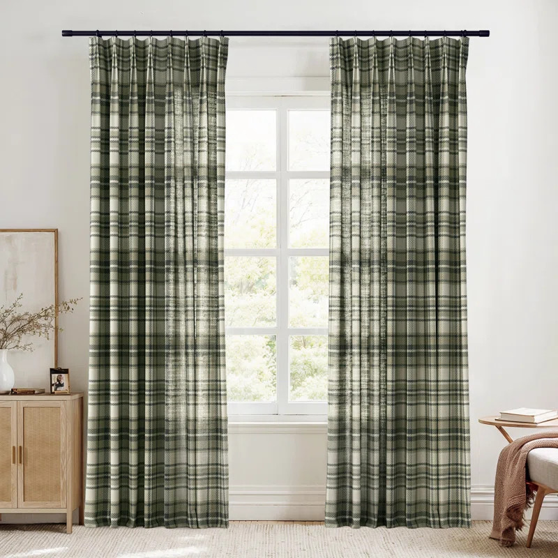 TWOPAGES Unlined Plaid Curtain Gingham Faux Linen Pinch Pleat Curtain | Wayfair North America