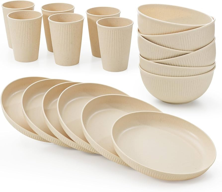 18pcs Wheat Straw Dinnerware Sets - Unbreakable Reusable Dinnerware Sets, Wheat Straw Kitchen Cup... | Amazon (US)