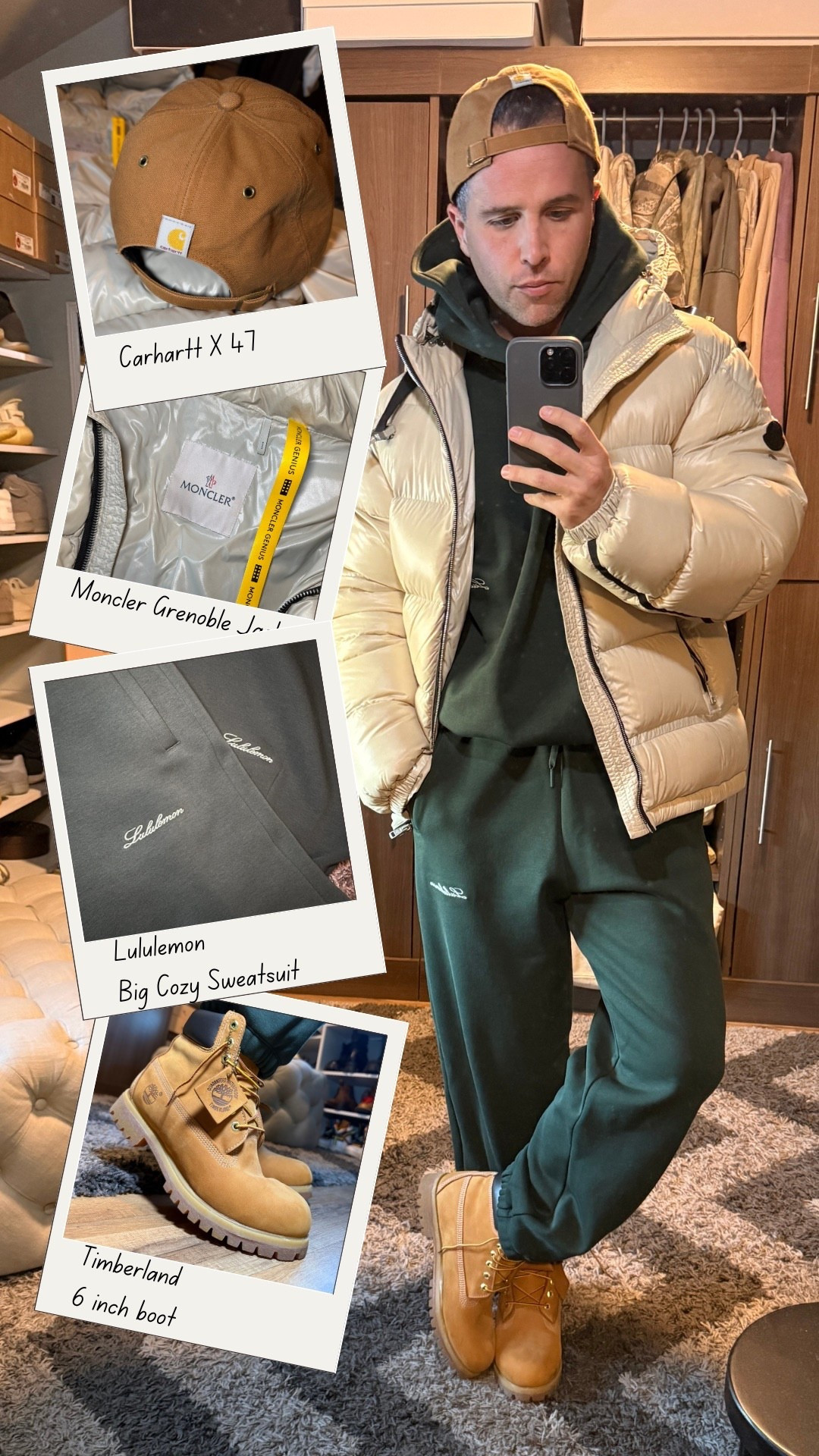 Cold weather uniform.. Layered up in the big cozy Lululemon green sweatsuit with a Moncler puffer and 6 inch Timberlands for an easy winter style. This sweatsuit was actually a gift — the fit is comfortable and looks great, but it is mostly polyester, which I personally try to avoid when shopping for myself. That said, it works well for casual wear, travel days, or throwing on when you want something warm without thinking too hard. Finished with a neutral carhartt x 47 cap and classic timberlands boots to keep it practical in this weather. 

#LTKdayinmylife #LTKMens #LTKootd