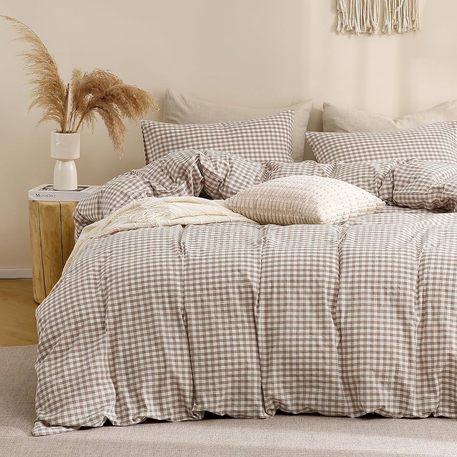 TOCOMOA Tan Gingham Duvet Cover Bedding Set Washed Cotton Like Linen, King | Amazon (US)
