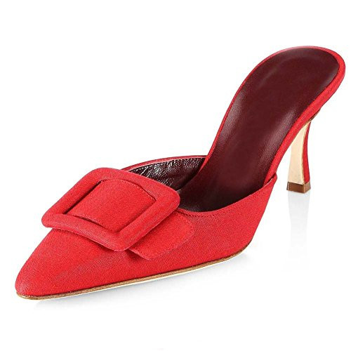Divanne Heeled Mules for Women, Pointed Toe Slingback Pumps Buckle Kitten Heels Mules Slides Backless Dress Sandals-Red Denim-8.5cm-9.5M US | Amazon (US)