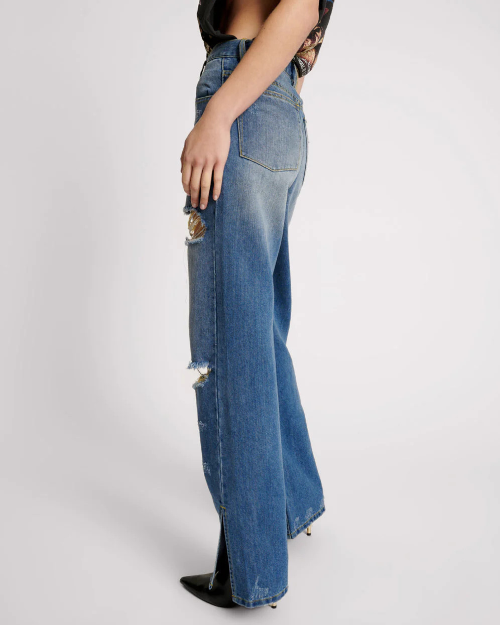 Billie Low Slung Straight Leg Mid Waist Denim Jeans - Shredded Gold | One Teaspoon | OneTeaspoon