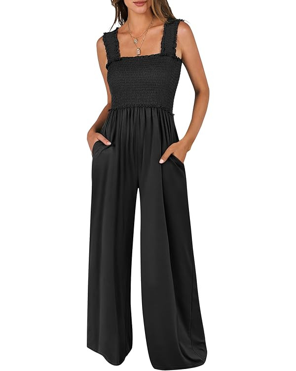ANRABESS Womens Casual Summer Jumpsuits Smocked Sleeveless Wide Leg Long Romper Jumpers 2025 Beac... | Amazon (US)