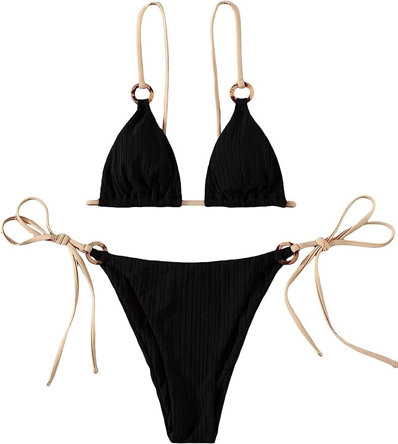 SheIn Women's 2 Piece Swimsuit Tie Side Bathing Suit Triangle String Bikini Sets Thong Bikini Swi... | Amazon (US)