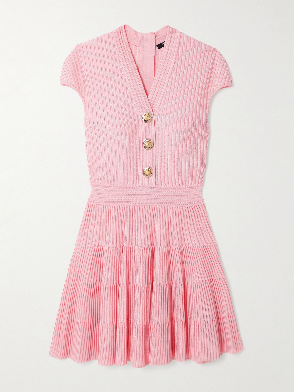 Balmain - Button-embellished Ribbed-knit Mini Dress - Pink | NET-A-PORTER (US)