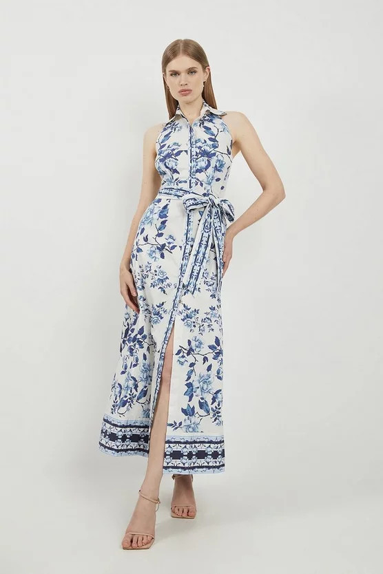 Lydia Millen Petite Cotton Sateen Woven Halter Shirt Dress | Karen Millen UK + IE + DE + NL