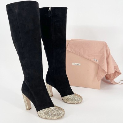 Miu Miu Black Suede Glitter Detailed Knee High Block Heel Boot size IT 38.5 | eBay US
