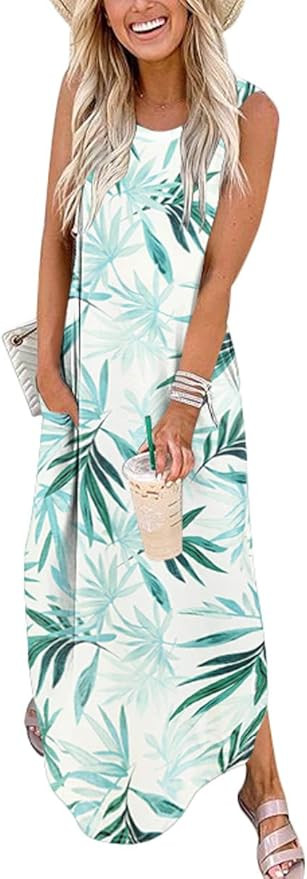 ANRABESS Women Casual Loose Sundress Sleeveless Split Maxi Long Beach Shirt Dress Travel Vacation... | Amazon (US)