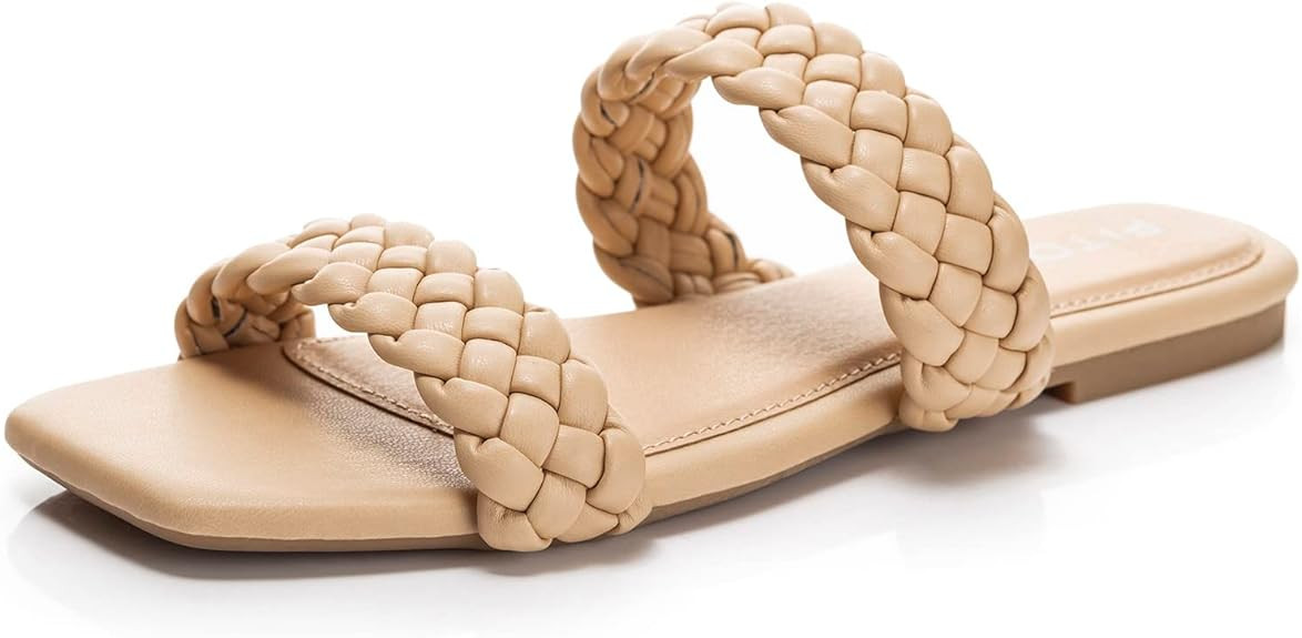 FITORY Womens Flat Sandals Fashion Round Open Toe Slip On Slides with Braided Strap Slippers for ... | Amazon (US)