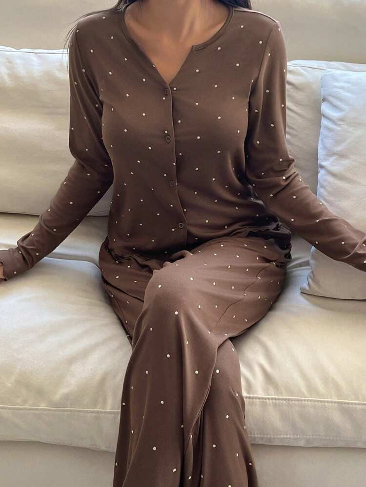 DAZY Women's Polka Dot Print Long Sleeve Pajama Set, Fall & Winter Clothes | SHEIN