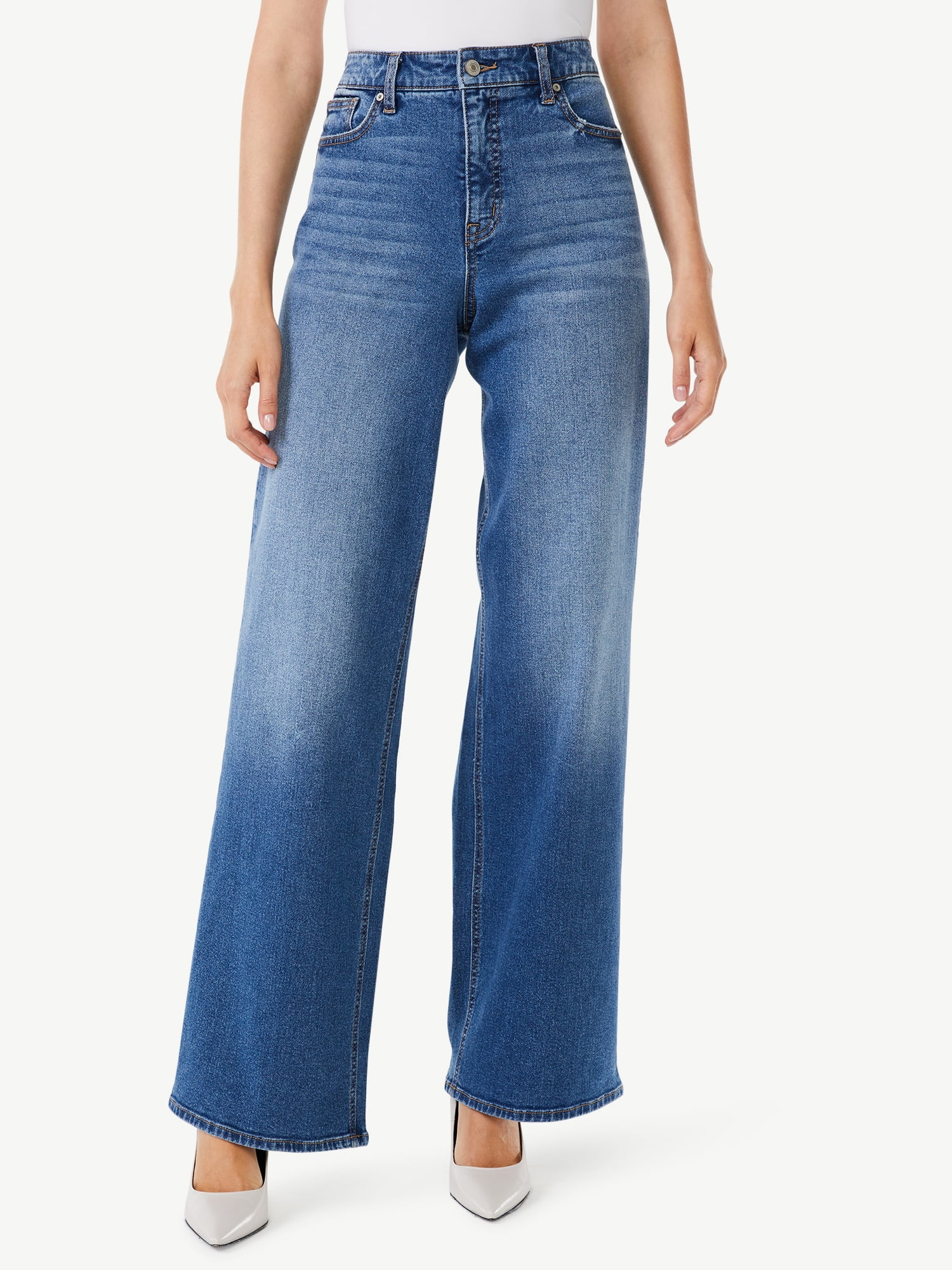 Scoop Women's Wide Leg Jeans with Deconstructed Hem - Walmart.com | Walmart (US)