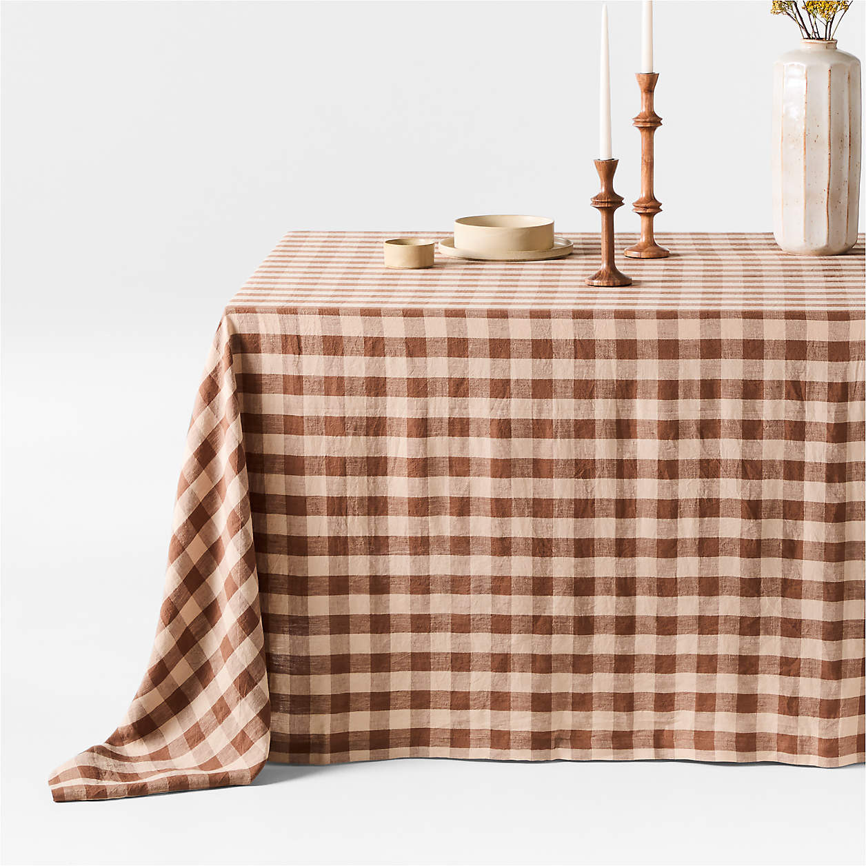 Marin Brown and Natural Buffalo Check Oversized European Flax-Certified Linen Tablecloth + Review... | Crate & Barrel