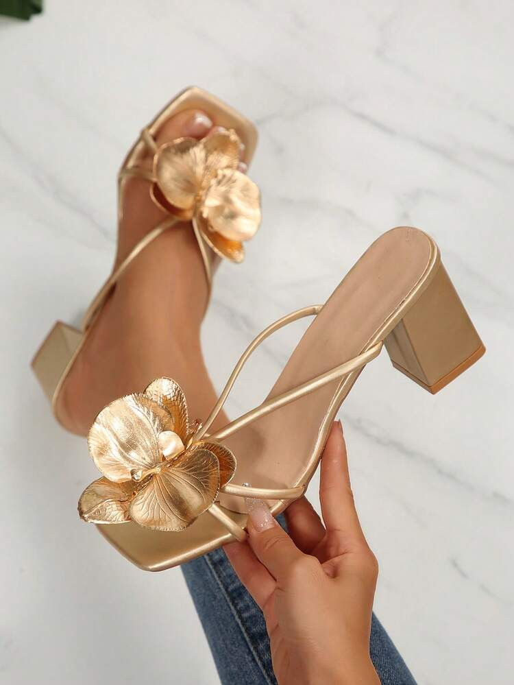Square Toe Solid Color Elegant Commuter Chic Lady-Like PU Leather Floral Embellished High Heel Sandals Suitable For Dates, Vacations, Shopping, Parties, Weddings, Office In Summer | SHEIN