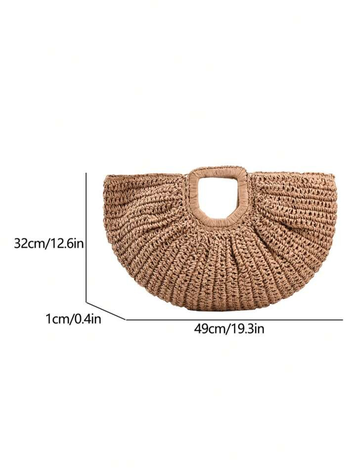 1pc Large Capacity Khaki Handbag Tote Bag Woven Bag Open Straw Bag Round Bag For Travel And Vacat... | SHEIN