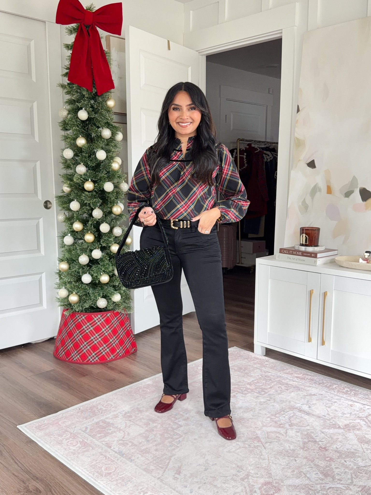Black tartan plaid top size xxs regular TTS
Black jeans size 0 petite TTS - I size down a size in this brand
Black belt size xs TTS 
Burgundy mary jane slingbacks size 5 TTS


#LTKHoliday #LTKSaleAlert #LTKPetite