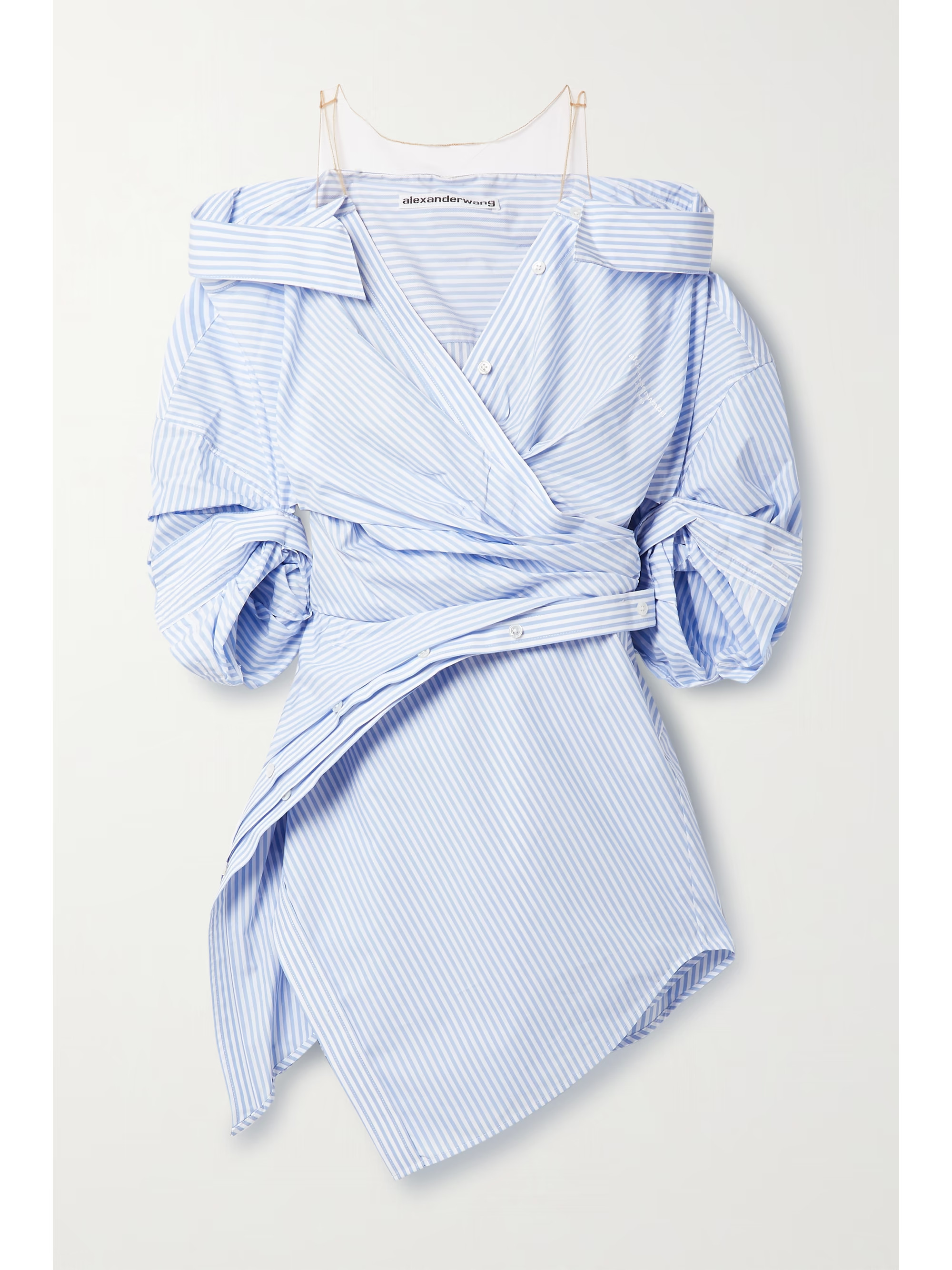 Alexander Wang: Cold-shoulder mesh-trimmed striped cotton-blend poplin mini shirt dress | NET-A-PORTER APAC