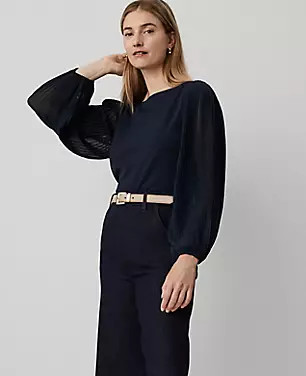 Mixed Media Pleated Sleeve Top | Ann Taylor (US)