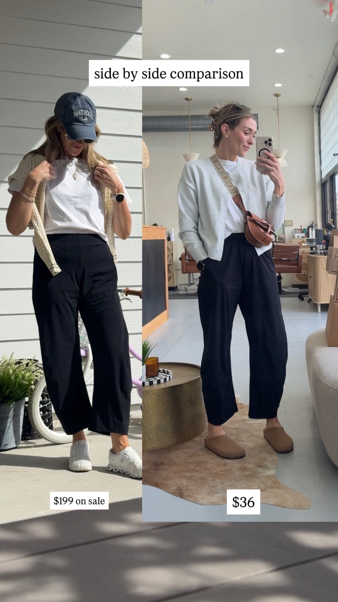 $199 on sale vs. $36 comparison. The left pair is a bit thicker and the cut is more structured. The right pair definitely has a thinner sportier fabric with about an inch longer length. Left is a 4. Right comes is letter sizes, size small. 

#LTKootd