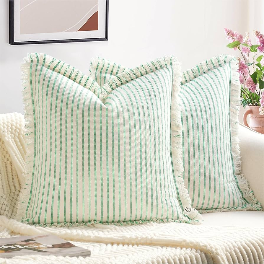 ZWJD Throw Pillow Covers 18x18 Set of 2 Green Striped Pillow Covers with Fringe Chic Cotton Decor... | Amazon (US)