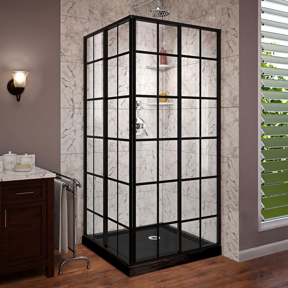 French Corner 36 in. W x 36 in. D x 74.75 in. H Framed Shower Enclosure and Shower Base Kit in Sa... | The Home Depot