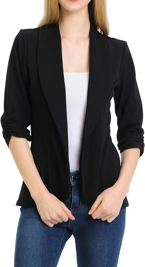 MINEFREE Women's 3/4 Ruched Sleeve Lightweight Work Office Blazer Jacket (S-3XL) | Amazon (US)