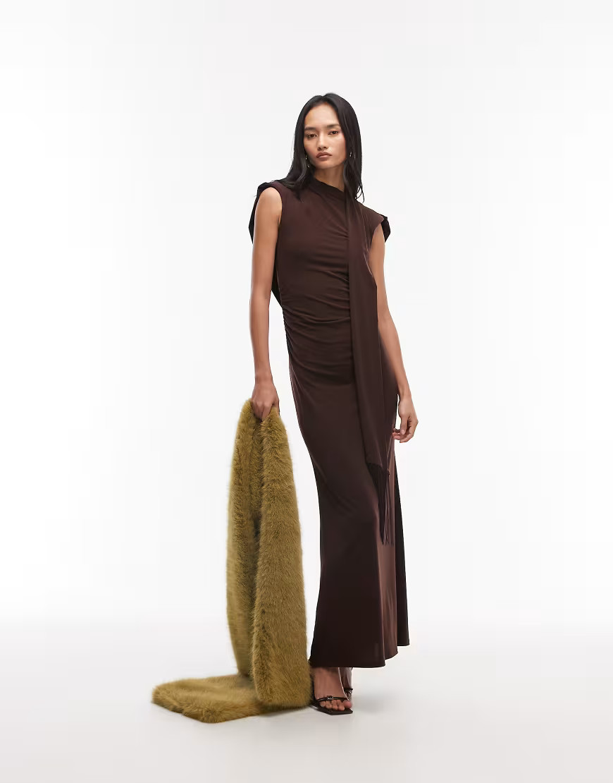 ASOS DESIGN slinky scarf neck structured shoulder maxi dress with cowl back in chocolate-Brown | ASOS (Global)