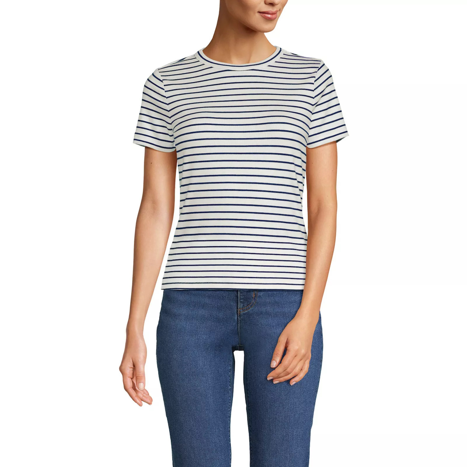 Women's Lands' End Drapey Rib Fitted Short Sleeve T-Shirt, Size: Small, Ivory Navy Stripe | Kohl's
