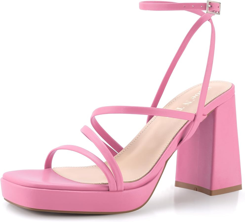 Shoe'N Tale Platform Heels for Women Strappy Block Chunky Heels Square Toe Ankle Buckle Sandals | Amazon (US)