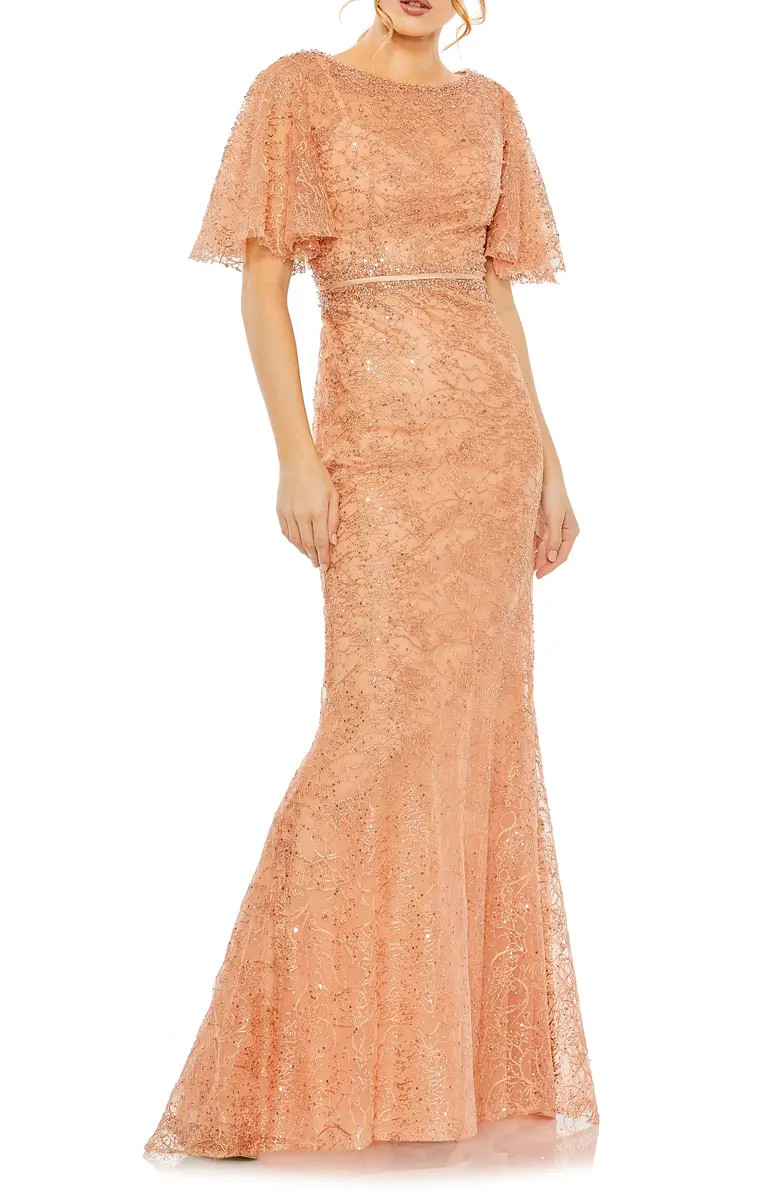 Mac Duggal Beaded Embroidered Flutter Sleeve Trumpet Gown | Nordstrom | Nordstrom