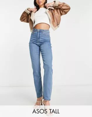 ASOS DESIGN Tall high rise farleigh 'slim' mom jeans in midwash | ASOS (Global)