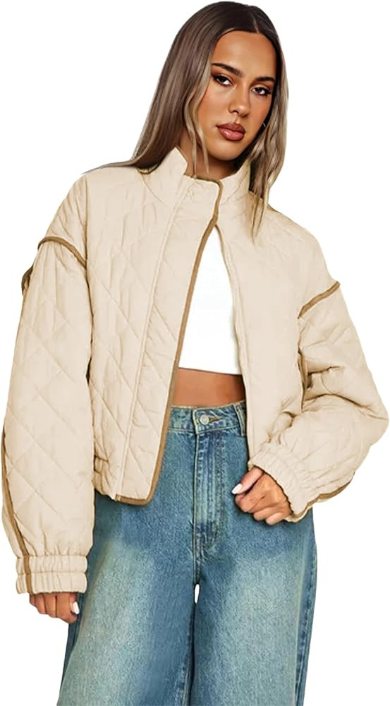 UANEO Women's Quilted Puffer Jacket Cropped Lightweight Contrast Padded Coat | Amazon (US)
