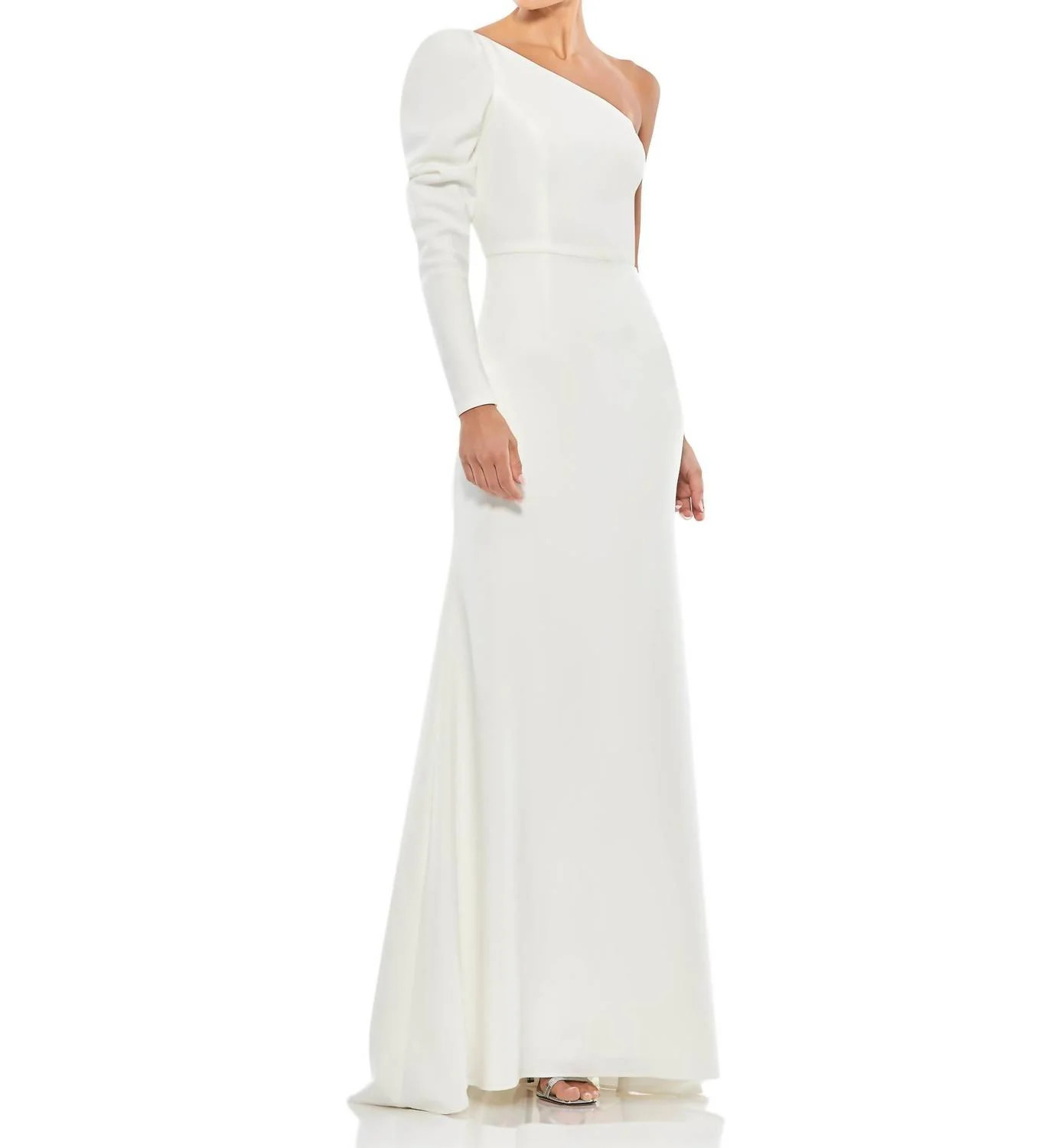 One-Shoulder Gown With Dramatic Puff Sleeve And Thigh-High Slit In White | Shop Simon