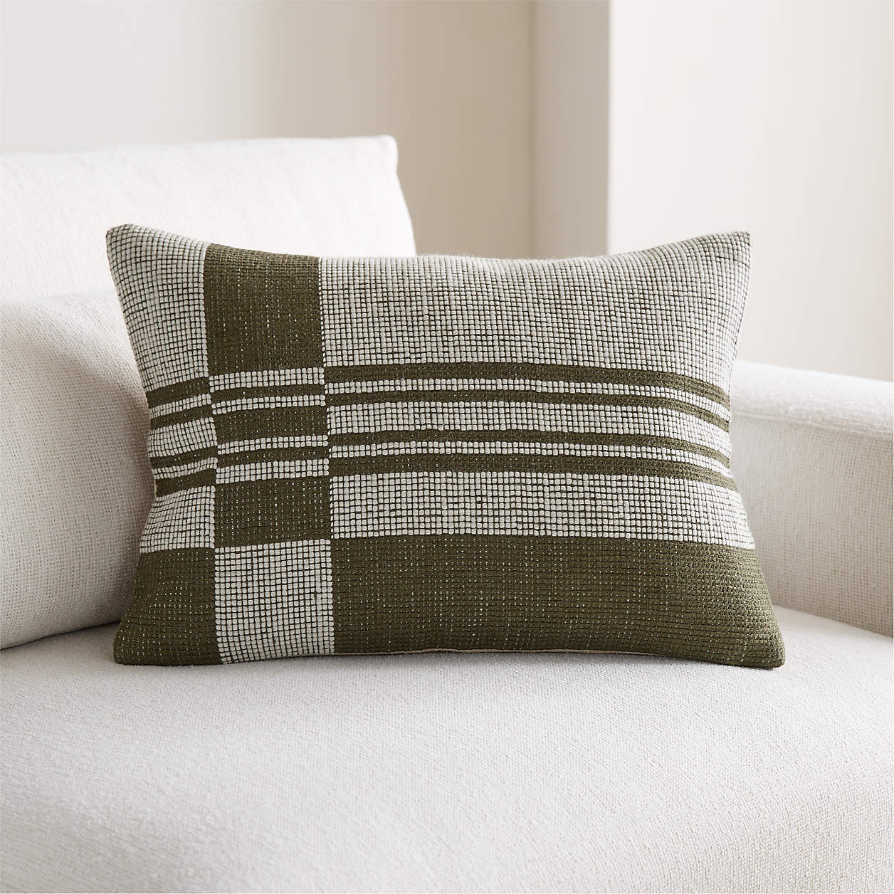 Wool/Linen Plaid 22"x15" Burnt Green Throw Pillow with Down-Alternative Insert | Crate & Barrel