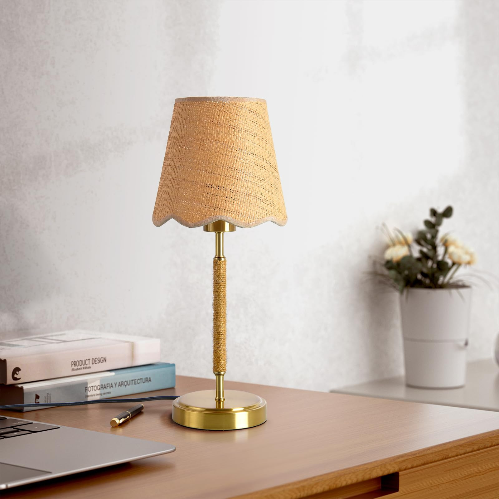 Boho Table Lamp for Bedroom, Touch Control Bedside Table Lamp with Brass Gold Base, Rattan Small ... | Amazon (US)